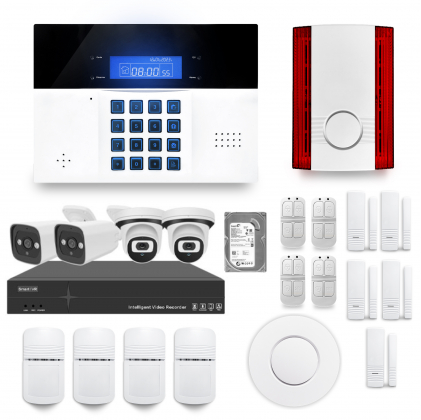 Ensemble NVR POE enregistreur 4 canaux + Alarme sans fil DNBi 4 à 5 pièces sirène extérieure et détecteur fumée + Dd 500GB