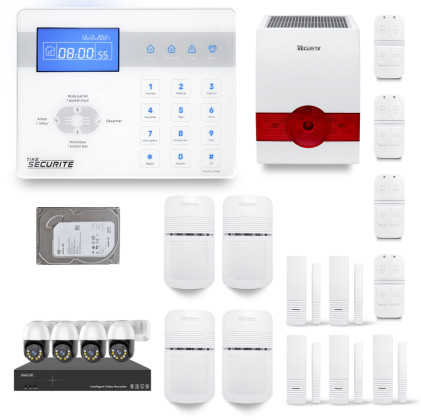 Ensemble NVR POE 4 caméras motorisées + Alarme sans fil ICE-Bi 4 à 5 pièces sirène solaire + Dd 500GB