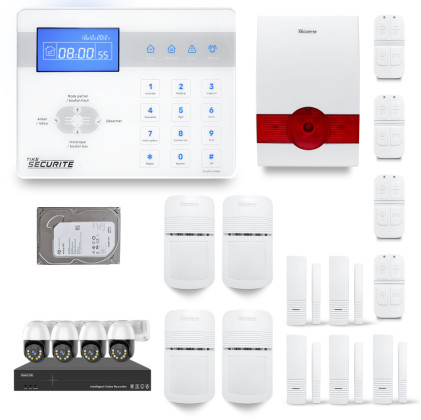 Ensemble NVR POE 4 caméras motorisées + Alarme sans fil ICE-Bi 4 à 5 pièces sirène autonome + Dd 500GB