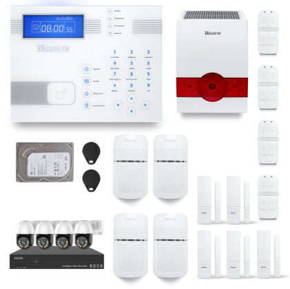 Ensemble NVR POE 4 caméras motorisées + Alarme sans fil SHBi 4 à 5 pièces sirène solaire + Dd 500GB