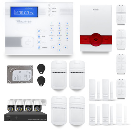 Ensemble NVR POE 4 caméras motorisées + Alarme sans fil SHBi 4 à 5 pièces sirène autonome  + Dd 500GB