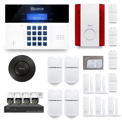 Ensemble NVR POE 4 caméras motorisées + Alarme sans fil DNBi 4 à 5 pièces sirène extérieure et détecteur fumée + Dd 500GB