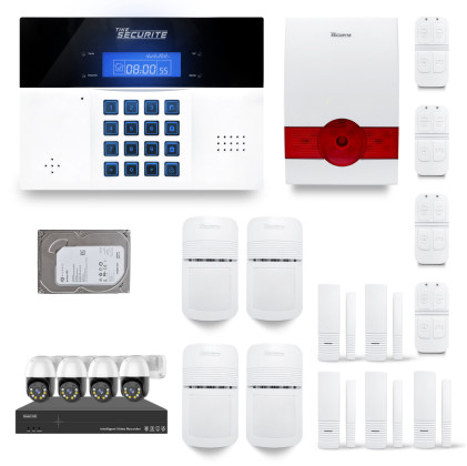 Ensemble NVR POE 4 caméras motorisées + Alarme sans fil DNBi 4 à 5 pièces sirène autonome + Dd 500GB