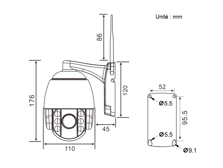 Caméra dôme 360 motorisée dimensions